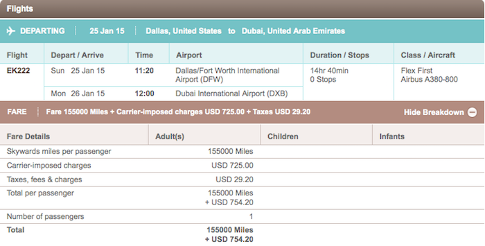 Emirates Skywards Redemption Chart