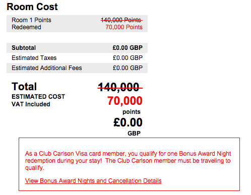 Club Carlson Award Chart