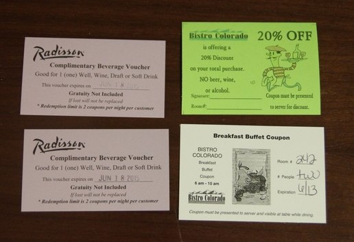 Chits for free drinks, free breakfast, and a discount at the restaurant