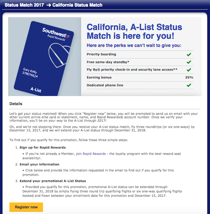 Southwest Rapid Rewards Status Match For California ...