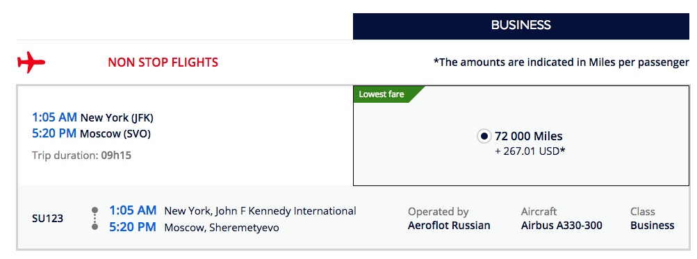 Aeroflot Award Chart