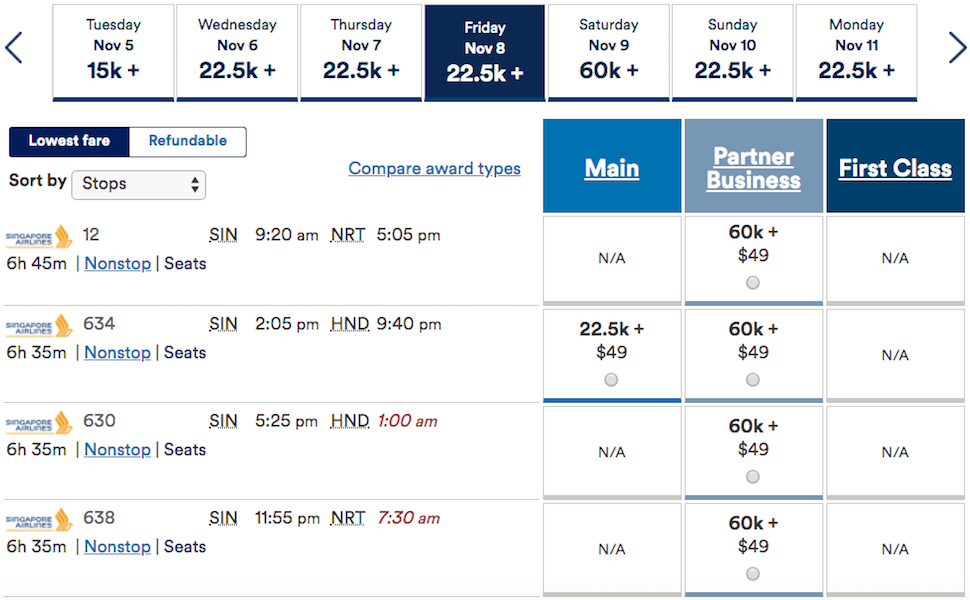 Singapore Airlines Miles Redemption Chart