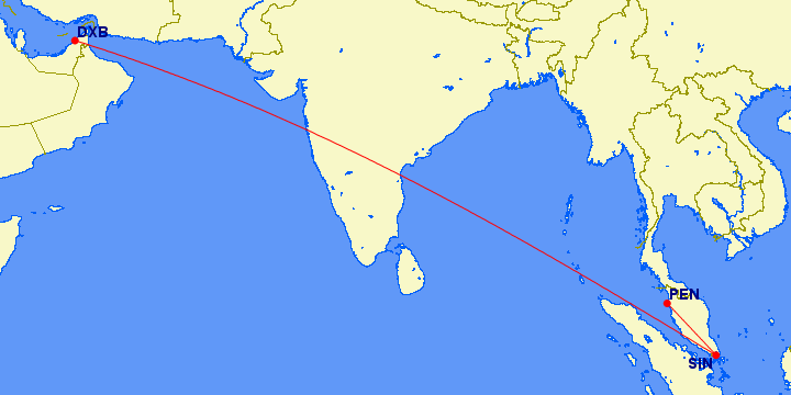 Emirates Dubai-Singapore-Penang flight route. Image: One Mile at A Time