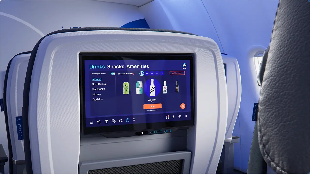 Seatback drink ordering screen in JetBlue BlueFirst first class