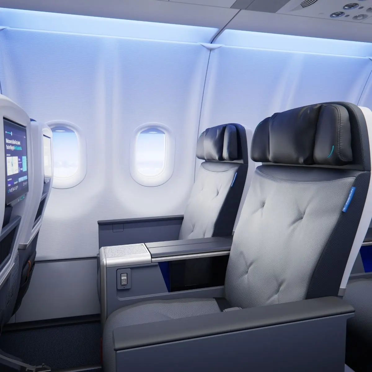 Close-up of JetBlue BlueFirst first class seats